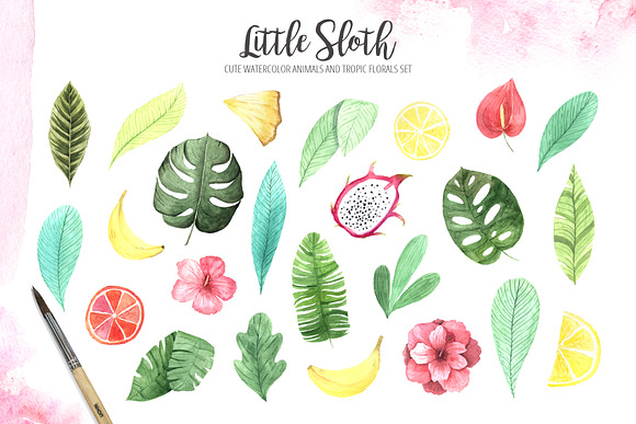 Watercolor Sloth and Tropic Florals in Illustrations - product preview 2