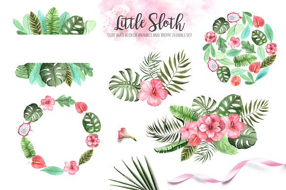 Watercolor Sloth and Tropic Florals in Illustrations - product preview 3
