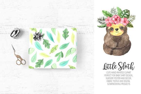 Watercolor Sloth and Tropic Florals in Illustrations - product preview 7