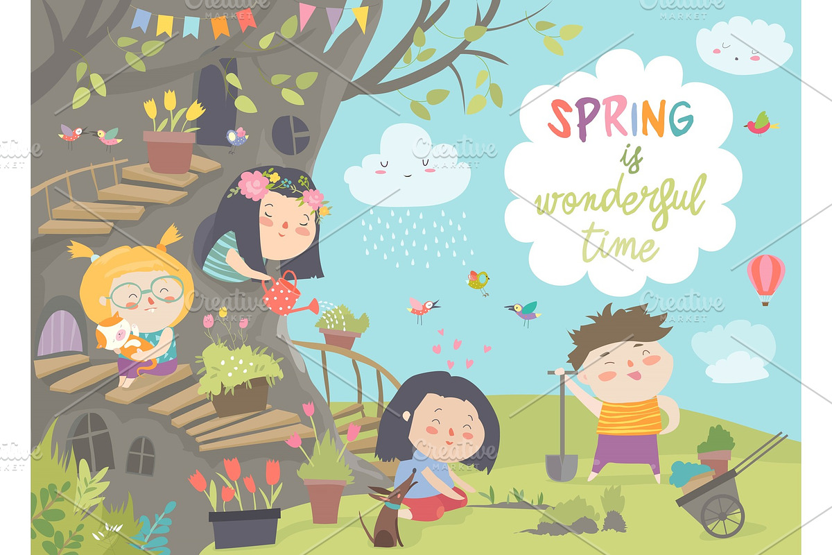 Cute cartoon kids are gardening in in Illustrations - product preview 8