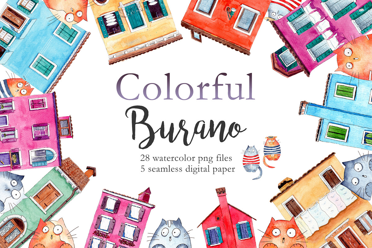 Watercolor Burano houses and cats. in Illustrations - product preview 8