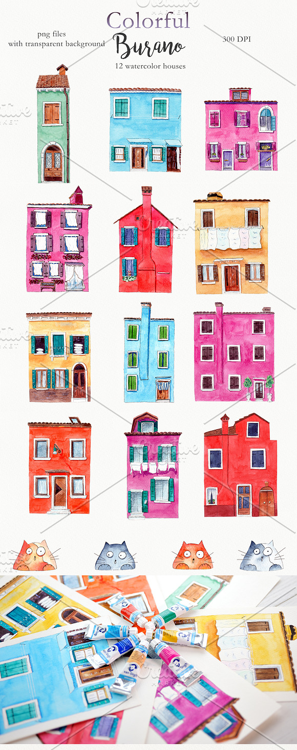 Watercolor Burano houses and cats. in Illustrations - product preview 1