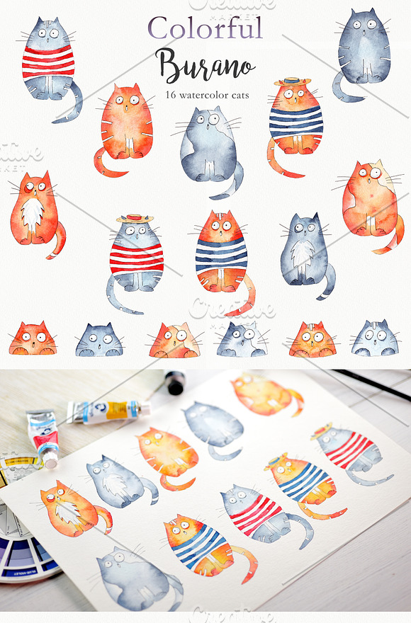 Watercolor Burano houses and cats. in Illustrations - product preview 2