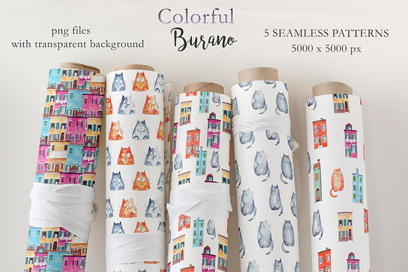 Watercolor Burano houses and cats. in Illustrations - product preview 4