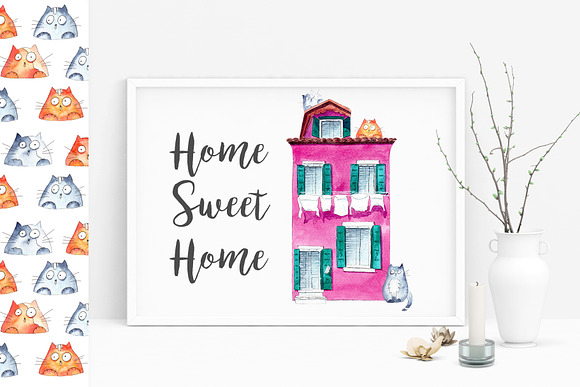 Watercolor Burano houses and cats. in Illustrations - product preview 5
