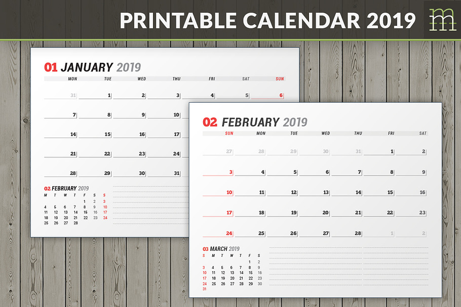 Printable Calendar 2019 (WC037-19-P) in Stationery Templates - product preview 8