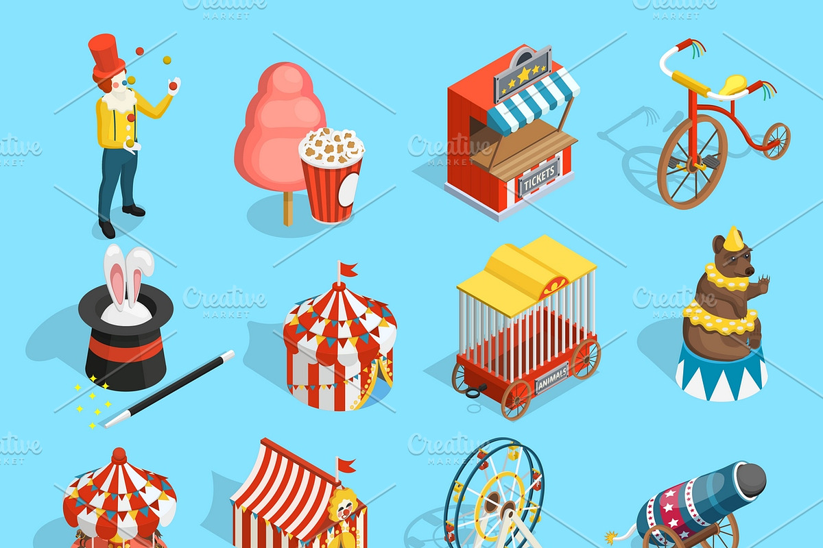 Travel circus isometric icons set in Icons - product preview 8