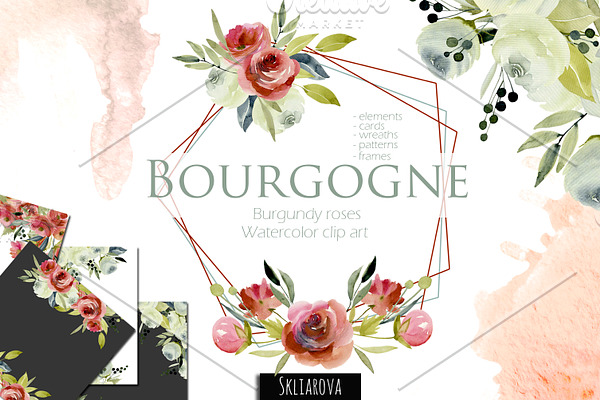 Bourgogne. Watercolor roses clip art