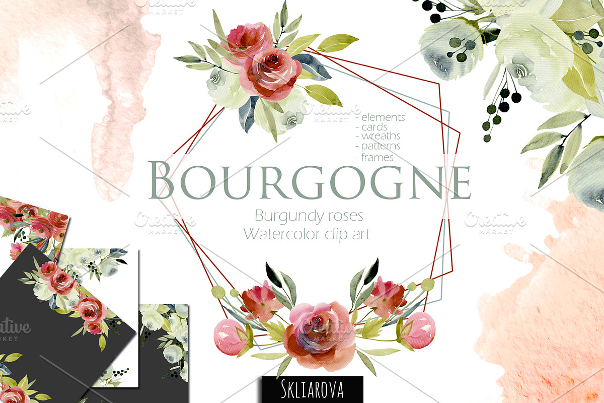 Bourgogne. Watercolor roses clip art in Illustrations - product preview 8