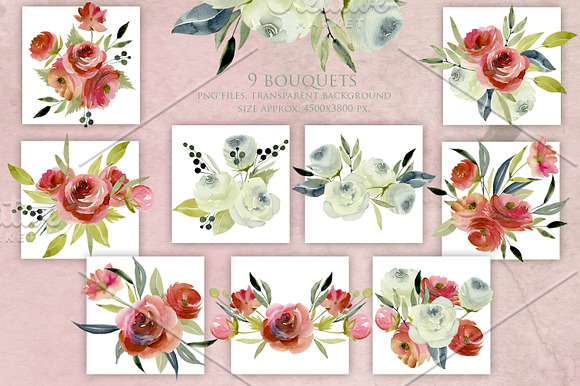 Bourgogne. Watercolor roses clip art in Illustrations - product preview 2
