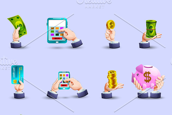 Hands payment flat icons set