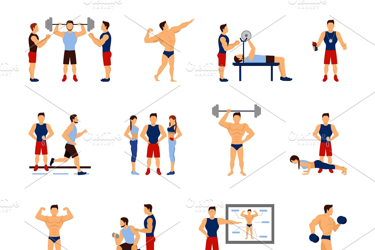 Gym trainer flat icons set in Icons - product preview 8
