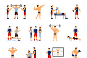 Gym trainer flat icons set
