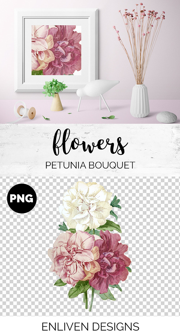 Petunia Bouquet Pink Vintage Flowers in Illustrations - product preview 1
