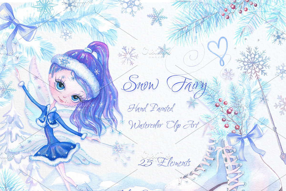 Winter Watercolor Clipart Snow Fairy in Illustrations - product preview 8