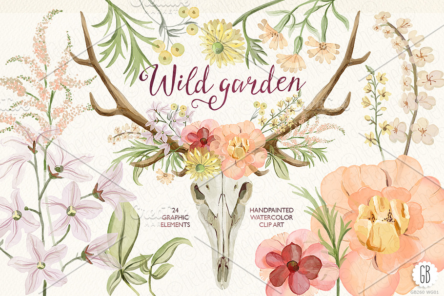 Watercolor wild garden deer antlers in Illustrations - product preview 8
