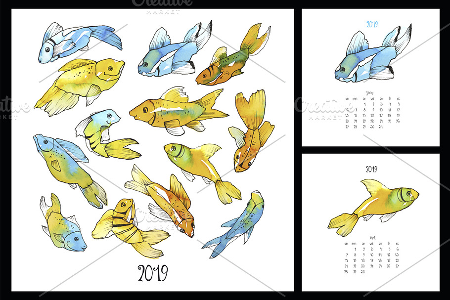 2019 Calendar with watercolor fish in Card Templates - product preview 8