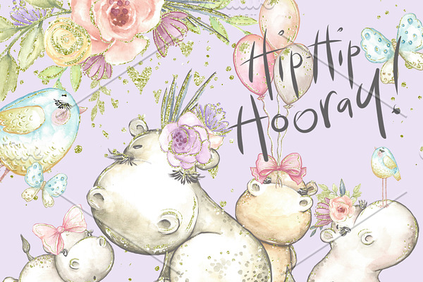 Hippo clipart, cute, watercolor