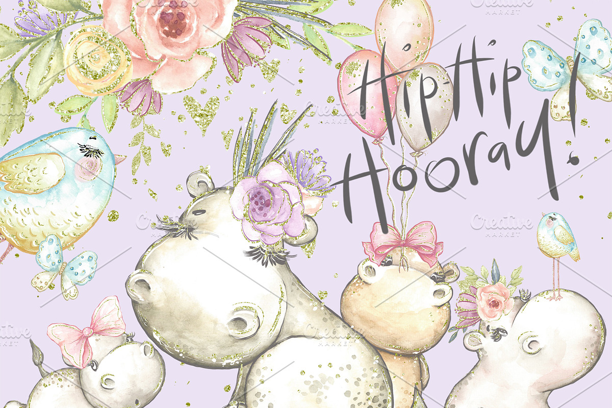 Hippo clipart, cute, watercolor in Illustrations - product preview 8
