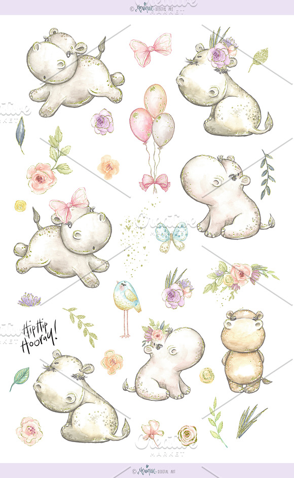 Hippo clipart, cute, watercolor in Illustrations - product preview 1
