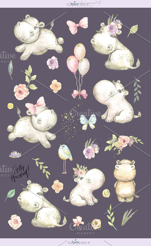 Hippo clipart, cute, watercolor in Illustrations - product preview 2