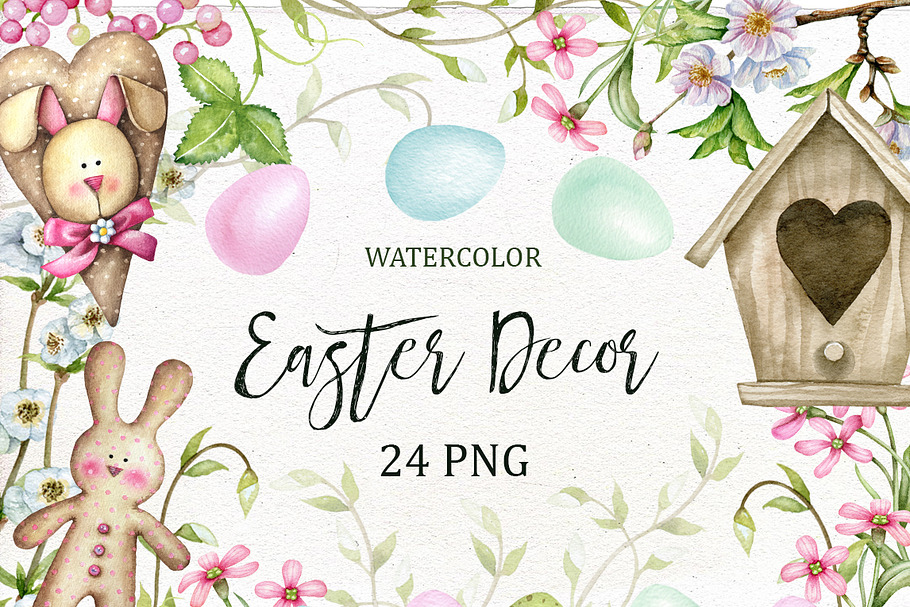 Watercolor Easter Decor Clipart.