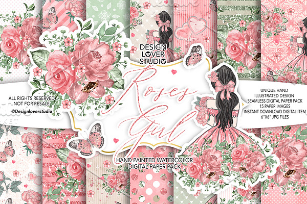 -50%Roses Girl digital paper pack