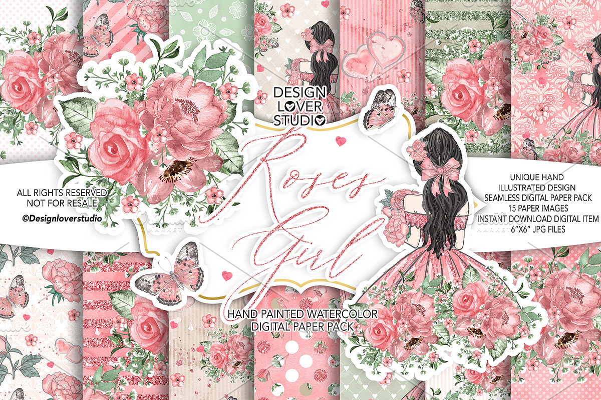 -50%Roses Girl digital paper pack in Patterns - product preview 8