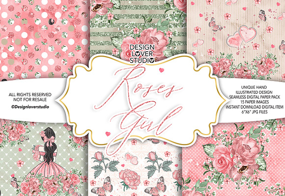 -50%Roses Girl digital paper pack in Patterns - product preview 3