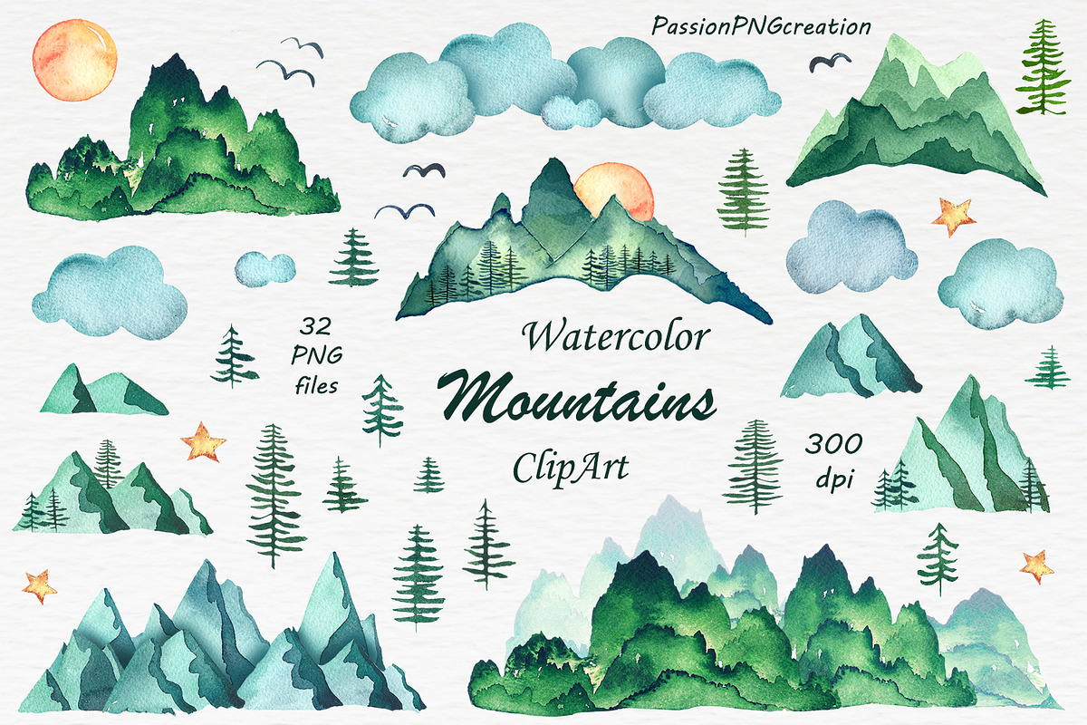 Watercolor Mountains Clipart in Illustrations - product preview 8