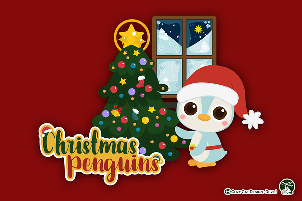 Christmas Penguins Digital Clip Art