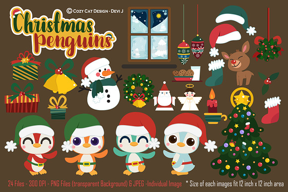 Christmas Penguins Digital Clip Art in Illustrations - product preview 1