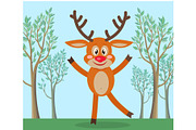 Cute Deer in Forest Cartoon Flat