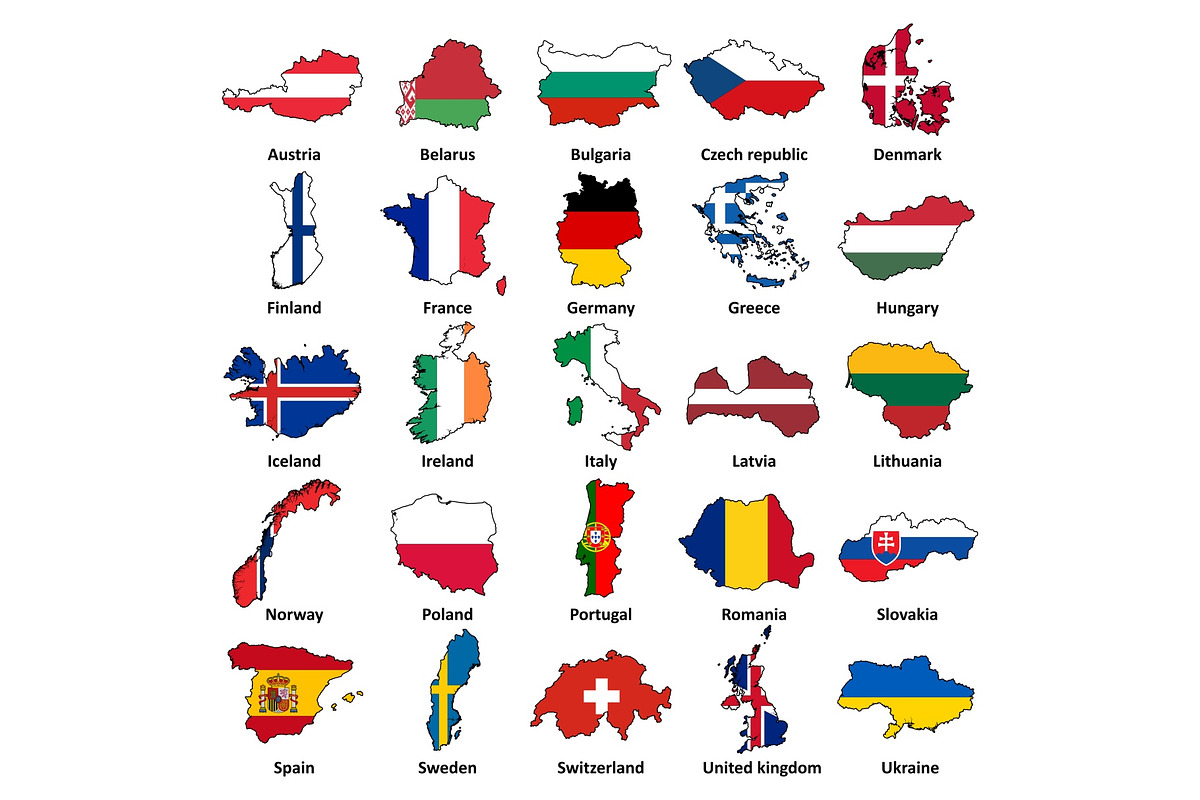 European flags in map shape on white in Illustrations - product preview 8