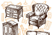 Furniture sketch hand drawn set