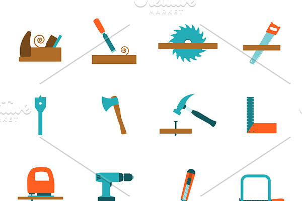 Carpentry tools flat icons set