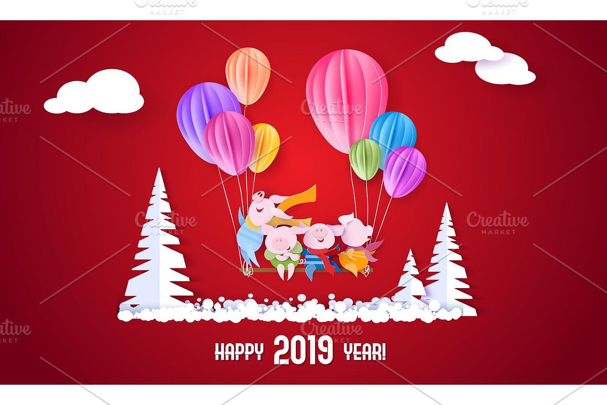 Happy New Year card. Color paper cut in Objects - product preview 8
