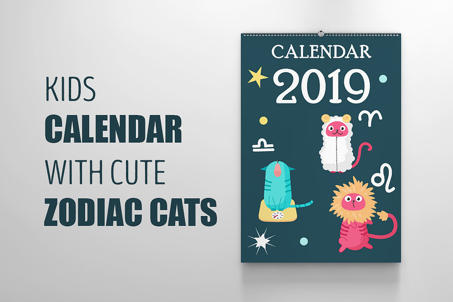 Kids calendar with cute zodiac cats