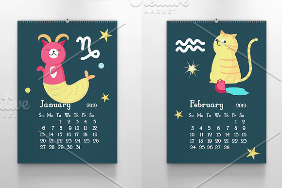 Kids calendar with cute zodiac cats in Illustrations - product preview 1