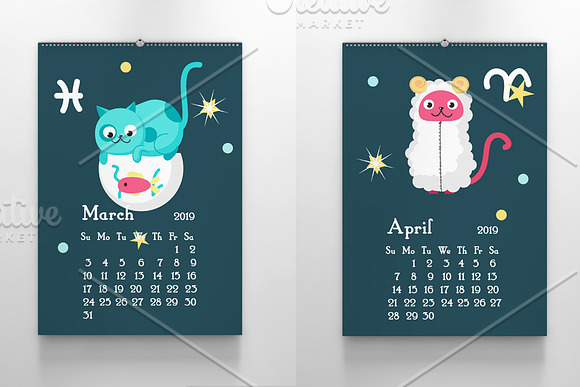 Kids calendar with cute zodiac cats in Illustrations - product preview 2