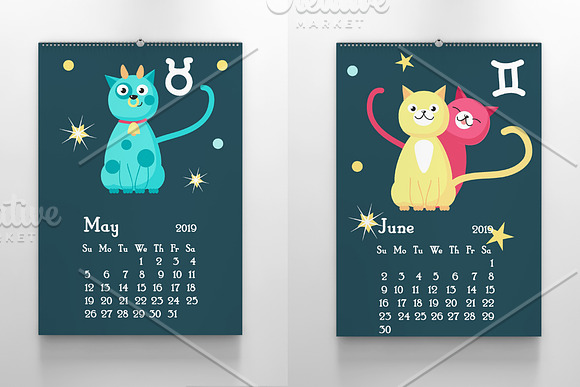 Kids calendar with cute zodiac cats in Illustrations - product preview 3