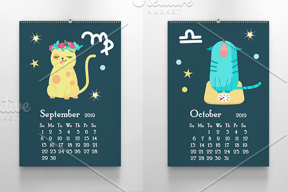 Kids calendar with cute zodiac cats in Illustrations - product preview 5