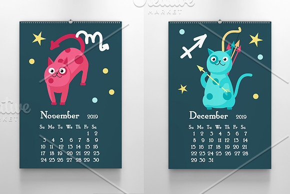 Kids calendar with cute zodiac cats in Illustrations - product preview 6