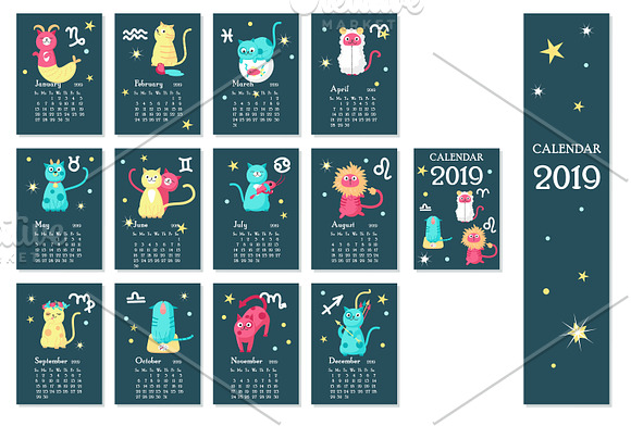Kids calendar with cute zodiac cats in Illustrations - product preview 7