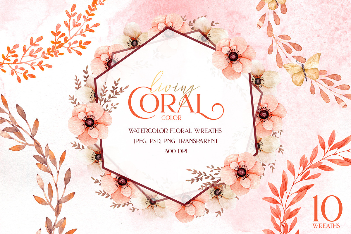 Living coral watercolor wreaths in Illustrations - product preview 8