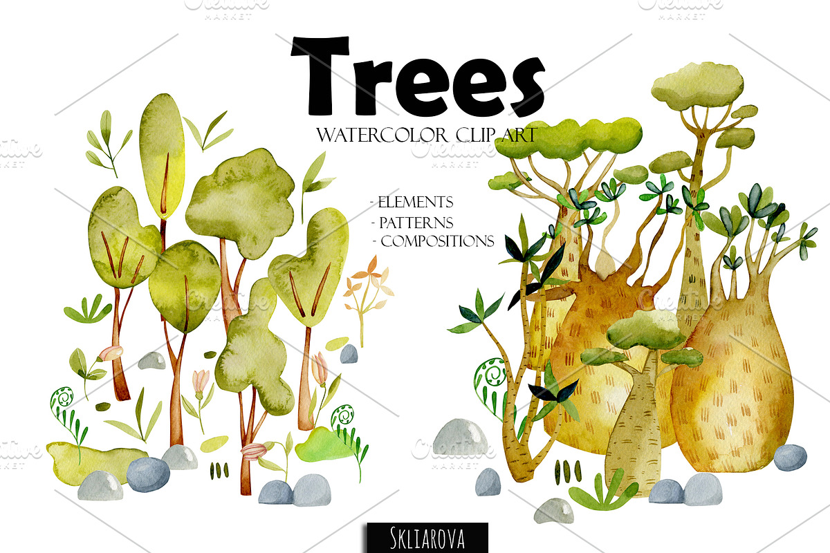 Trees. Watercolor clip art. in Illustrations - product preview 8