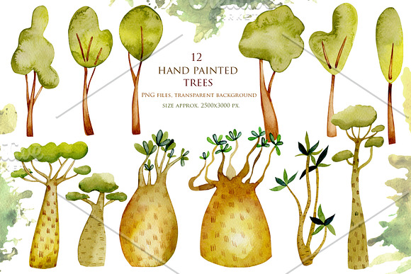 Trees. Watercolor clip art. in Illustrations - product preview 1