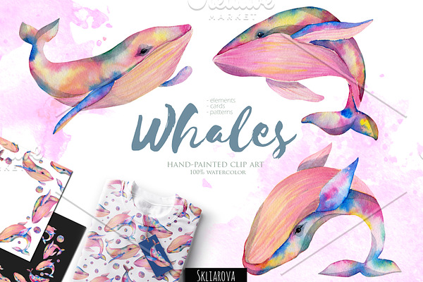 Whales. Watercolor clip art.