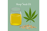 Hemp leaf, seeds, and oil in a glass