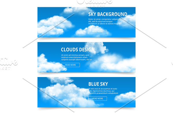 Cloudy sky banners. Realistic clouds